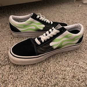 Green flame low top vans